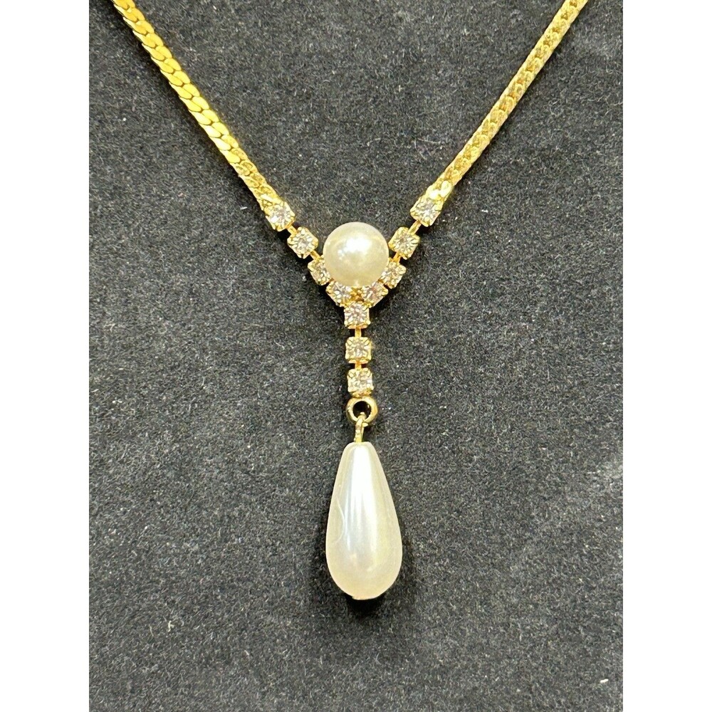 Park Lane Gold Tone Herringbone Faux Pearl Rhinestone 18" Necklace J322 - Picture 7 of 10